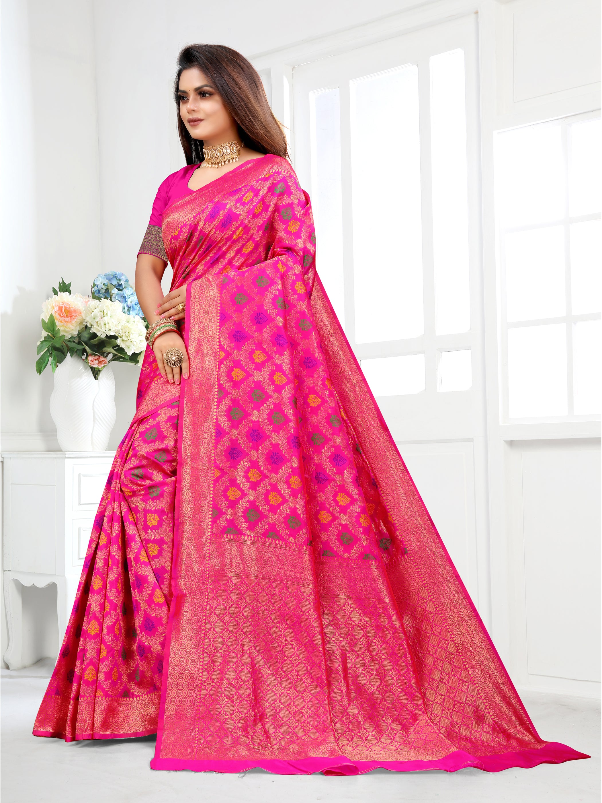 Vedant Vastram Litchi Silk Designer Banarasi Saree - Pink - Distacart