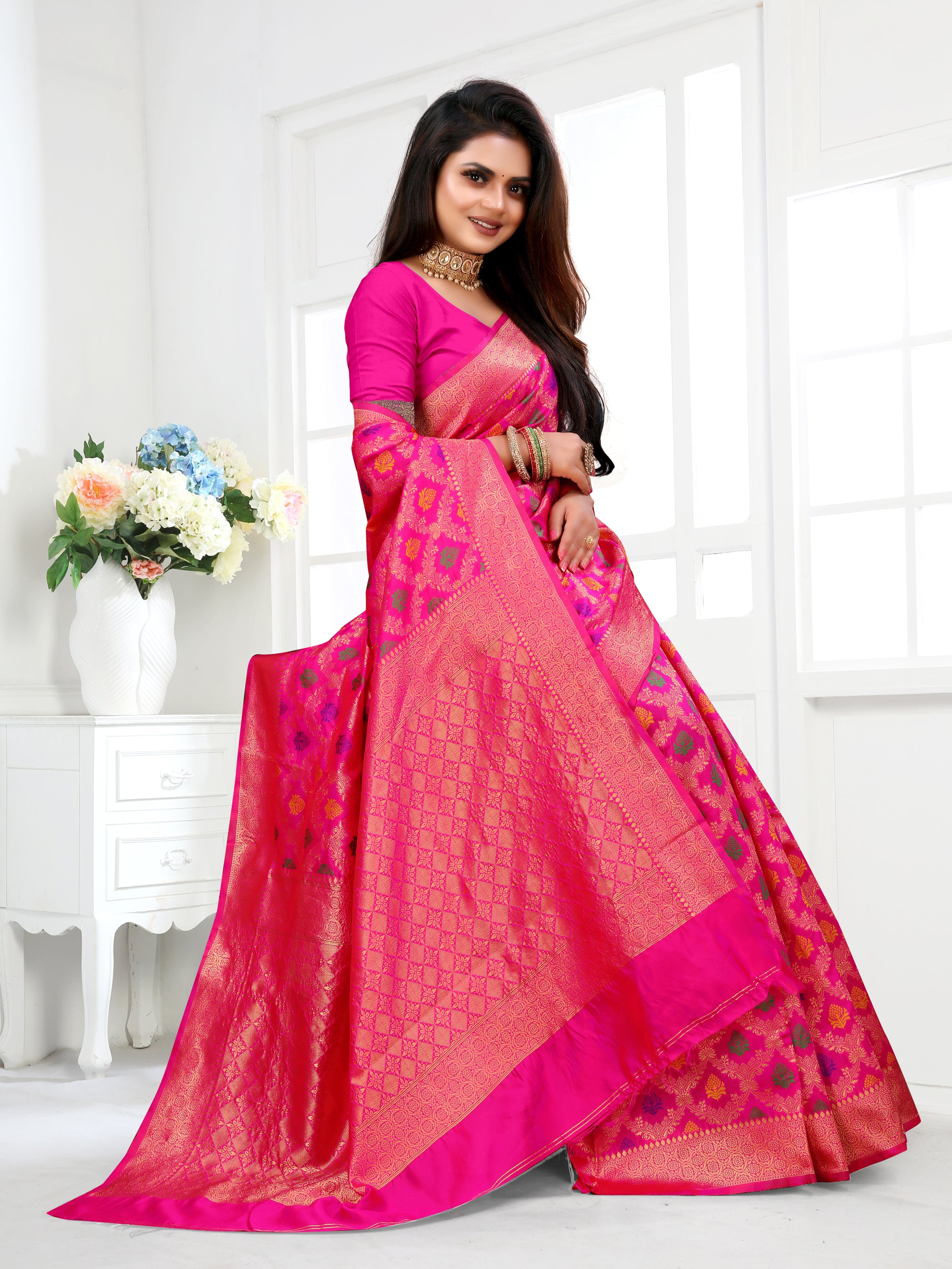 Vedant Vastram Litchi Silk Designer Banarasi Saree - Pink - Distacart