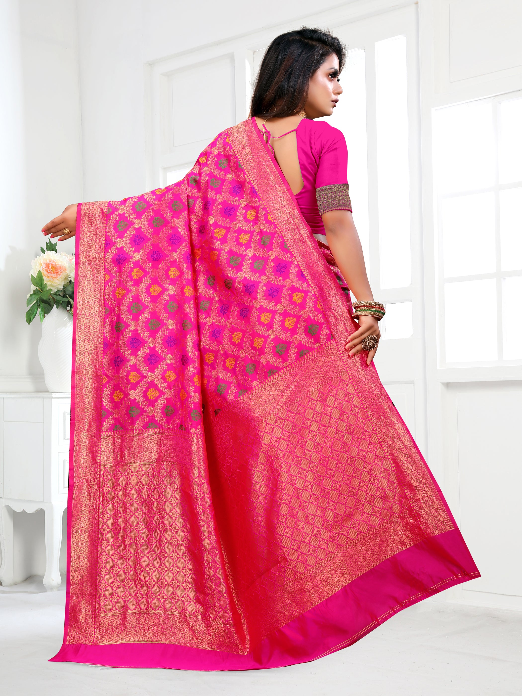 Vedant Vastram Litchi Silk Designer Banarasi Saree - Pink - Distacart