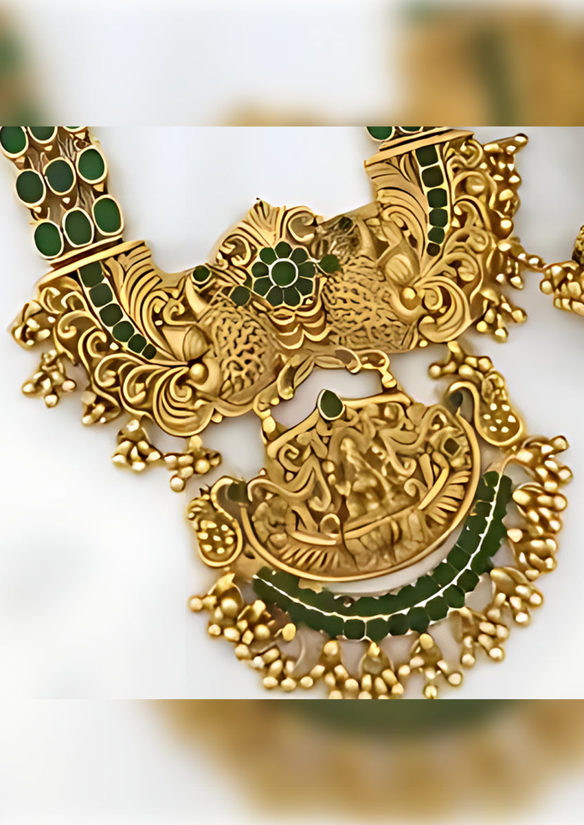 Jewel City Exquisite Antique Gold Temple Jewelry Set with Emerald Accents - South Indian Bridal Collection