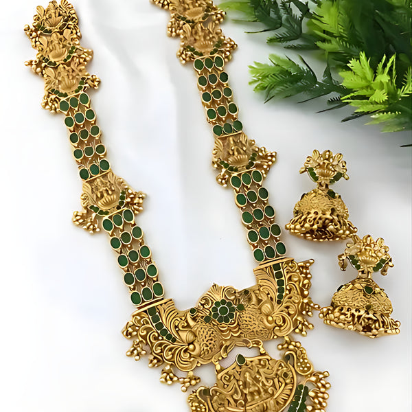 Jewel City Exquisite Antique Gold Temple Jewelry Set with Emerald Accents - South Indian Bridal Collection
