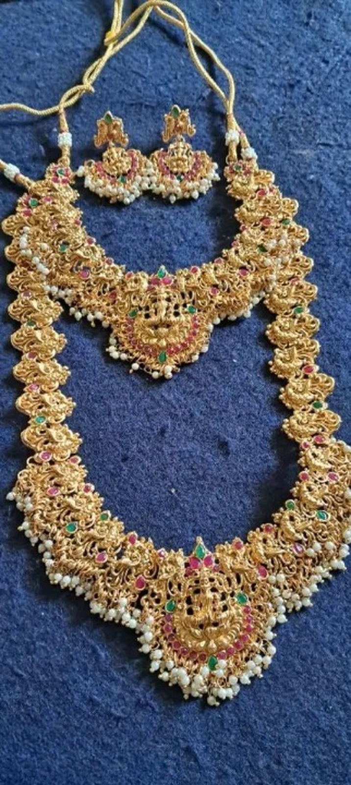 Jewel City Regal Lakshmi Temple Jewelry Set - Gold-Plated Necklace and Earrings with Pearl Clusters