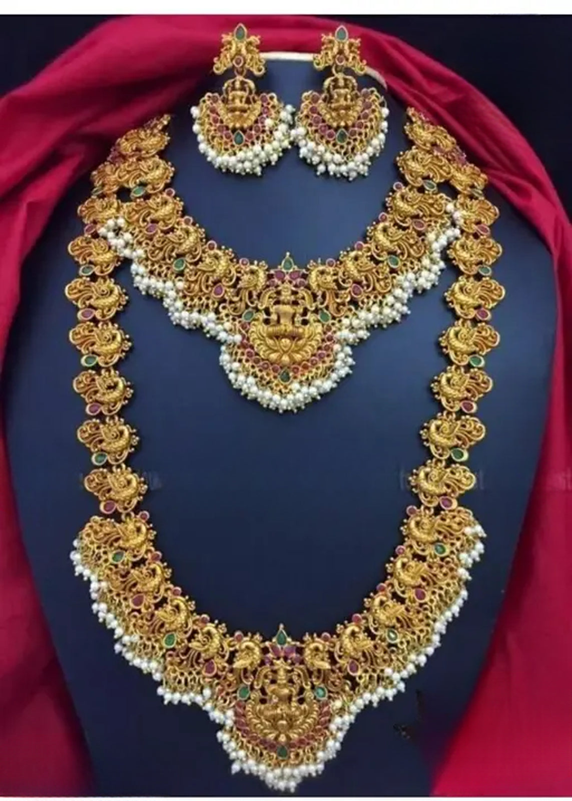 Jewel City Regal Lakshmi Temple Jewelry Set - Gold-Plated Necklace and Earrings with Pearl Clusters