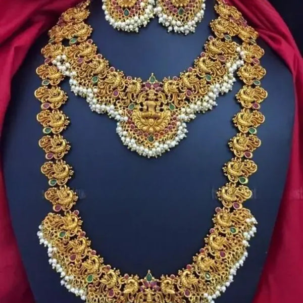 Jewel City Regal Lakshmi Temple Jewelry Set - Gold-Plated Necklace and Earrings with Pearl Clusters - Distacart