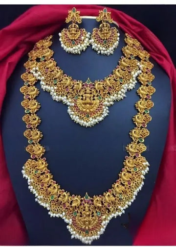 Jewel City Regal Lakshmi Temple Jewelry Set - Gold-Plated Necklace and Earrings with Pearl Clusters - Distacart