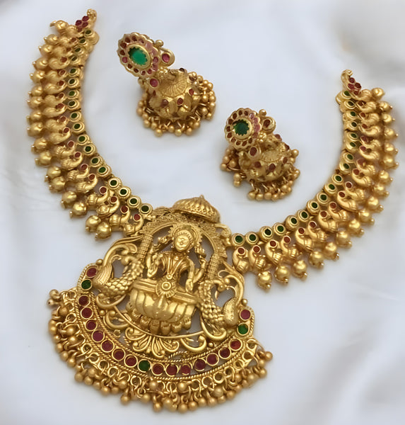 Jewel City Exquisite Gold-Plated Lakshmi Temple Jewelry Set: Necklace and Earrings