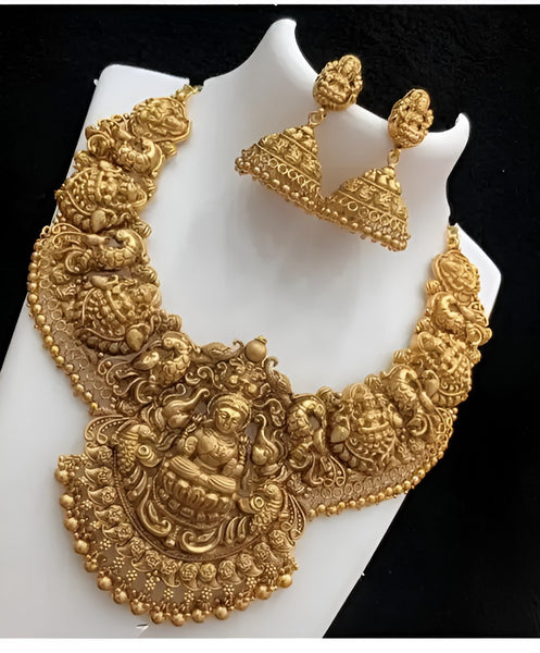 Jewel City Exquisite Gold-Plated Lakshmi Temple Jewelry Set: Necklace and Earrings