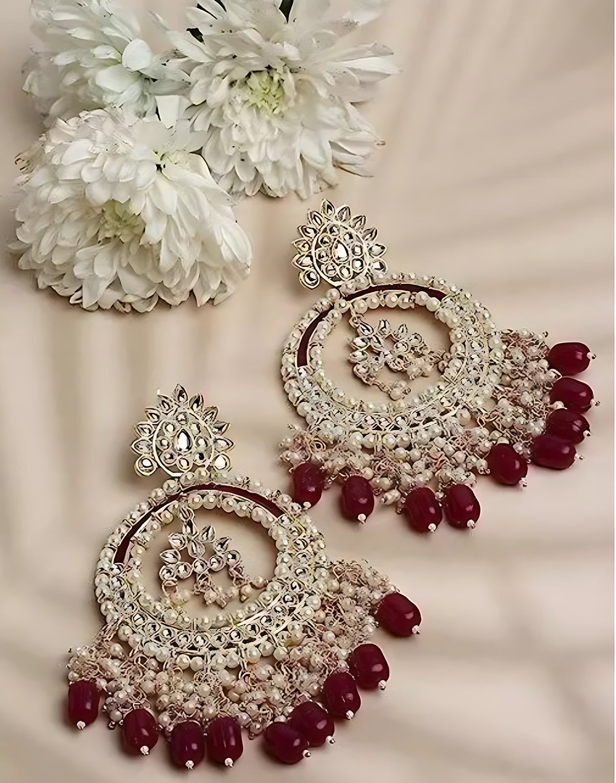 Jewel City Luxury Kundan Pearl Chandbali Earrings with Ruby Drops Traditional Wedding Statement Earrings