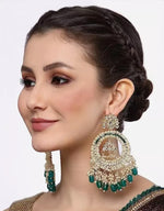 Thumbnail for Jewel City Luxury Kundan Pearl Chandbali Earrings with Green Drops Traditional Wedding Statement Earrings