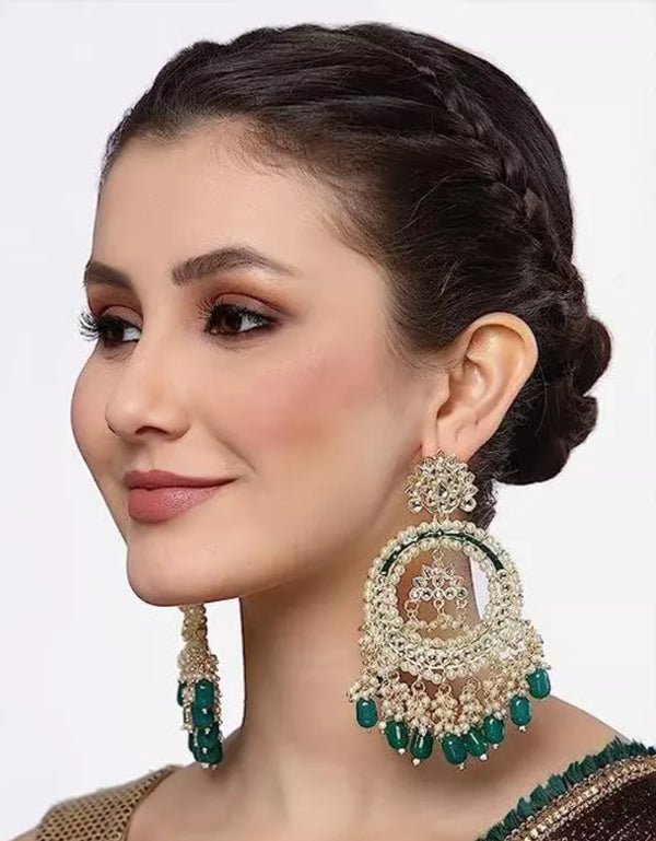 Jewel City Luxury Kundan Pearl Chandbali Earrings with Green Drops Traditional Wedding Statement Earrings