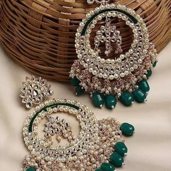 Jewel City Luxury Kundan Pearl Chandbali Earrings with Green Drops Traditional Wedding Statement Earrings - Distacart