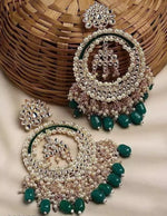 Thumbnail for Jewel City Luxury Kundan Pearl Chandbali Earrings with Green Drops Traditional Wedding Statement Earrings
