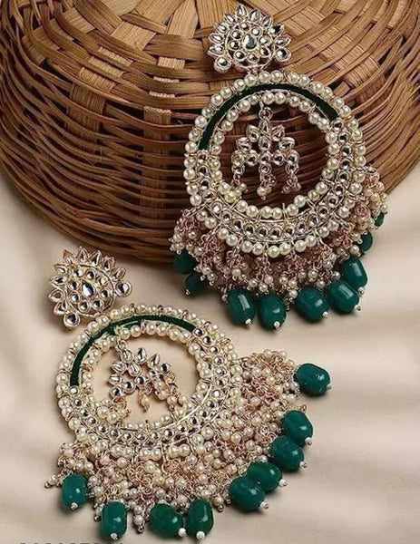 Jewel City Luxury Kundan Pearl Chandbali Earrings with Green Drops Traditional Wedding Statement Earrings