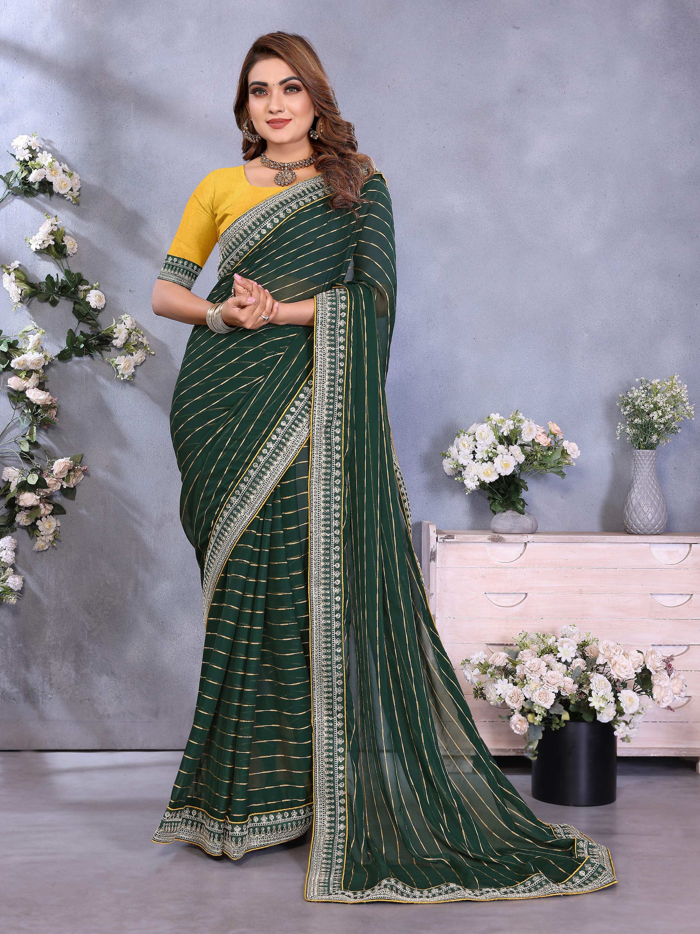 Vedant Vastram Georgette Embroidered & Sequin work Bollywood Fancy Saree - Green - Dista