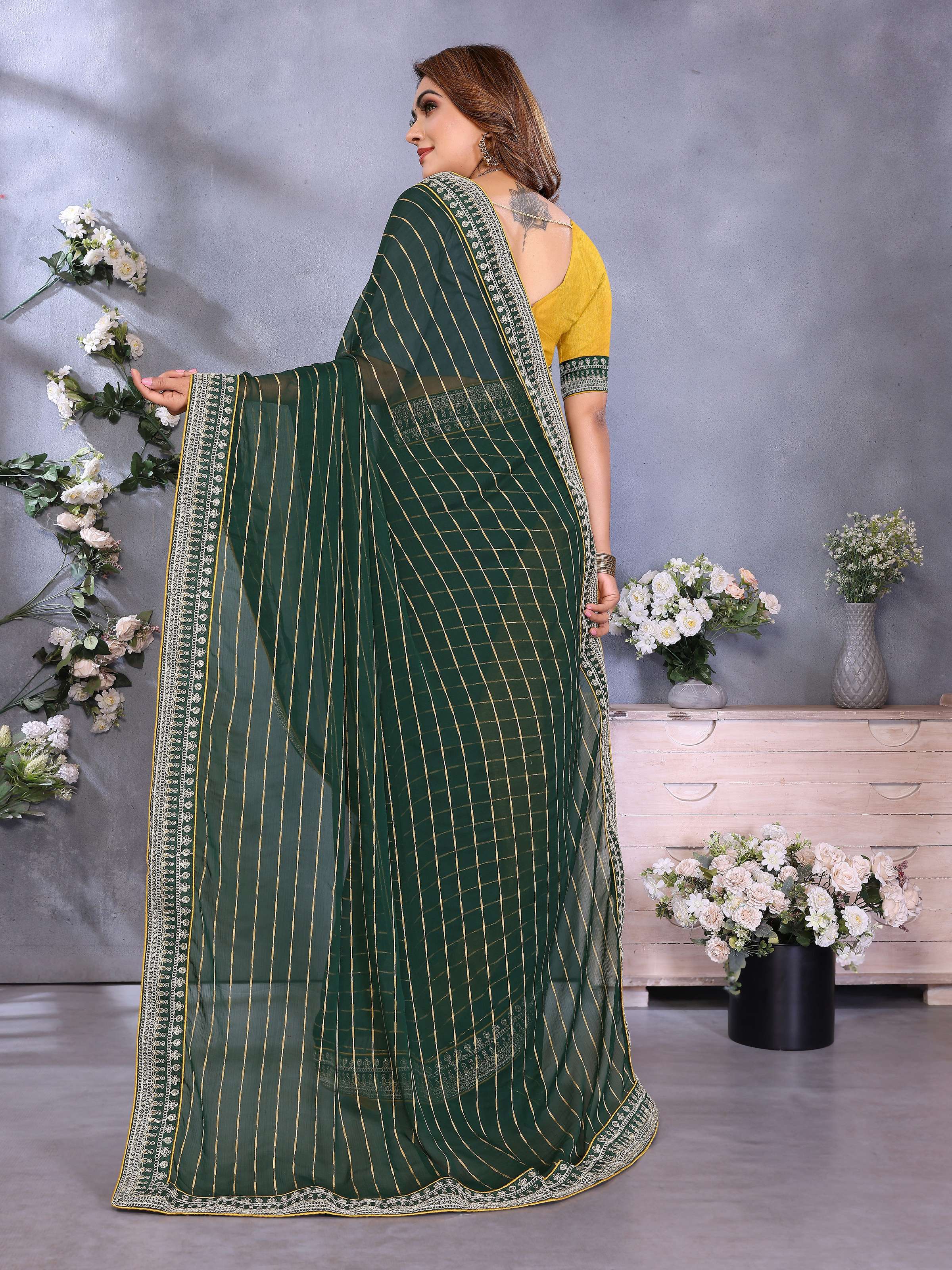 Vedant Vastram Georgette Embroidered & Sequin work Bollywood Fancy Saree - Green - Dista