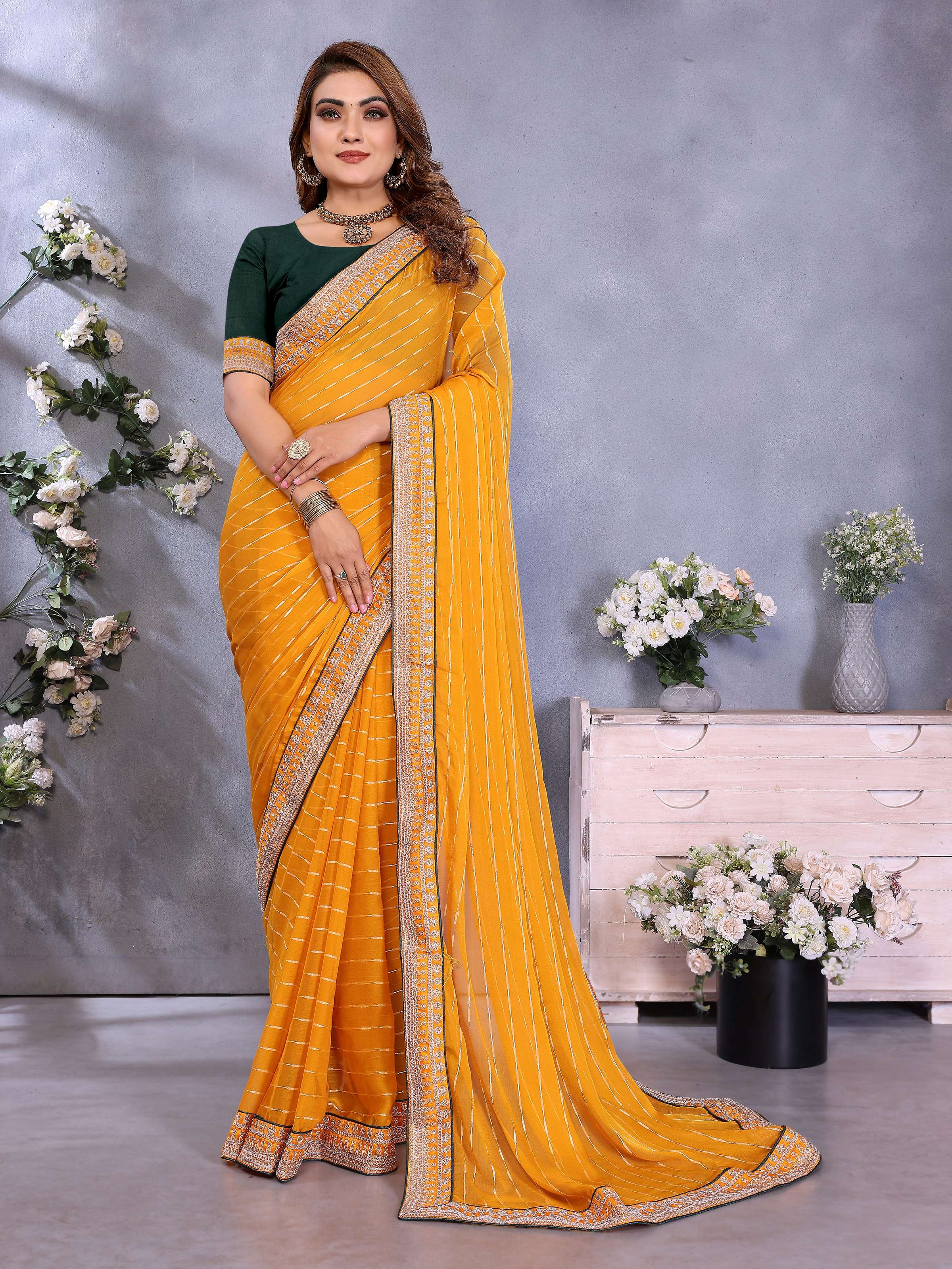 Vedant Vastram Georgette Embroidered & Sequin work Bollywood Fancy Saree - Mustard - Dista