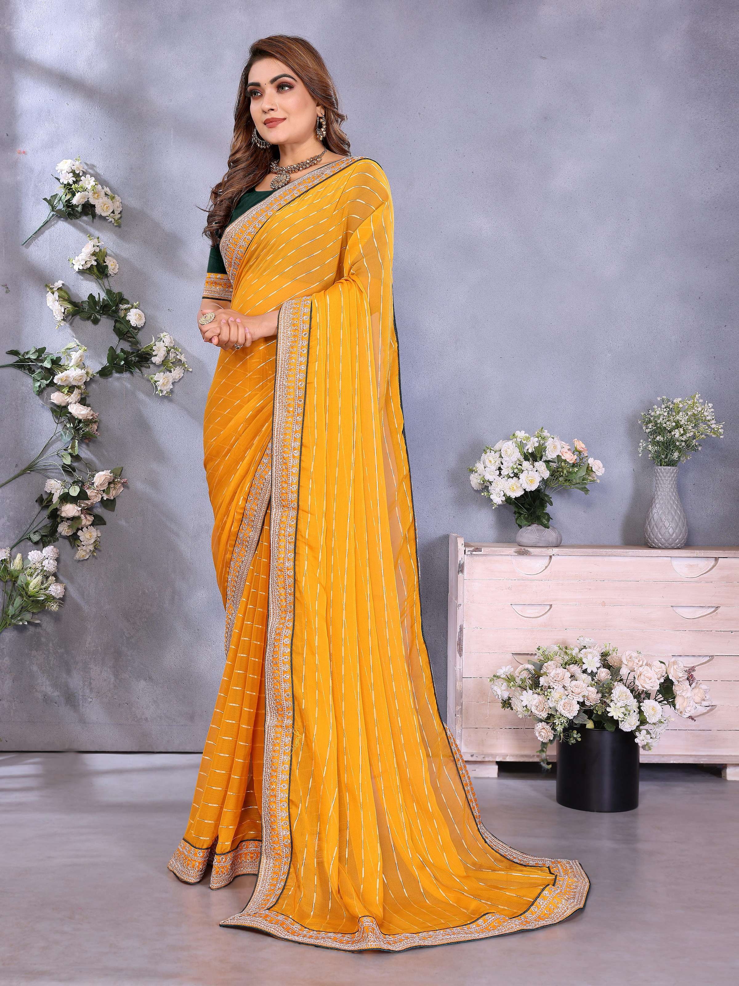 Vedant Vastram Georgette Embroidered & Sequin work Bollywood Fancy Saree - Mustard - Dista