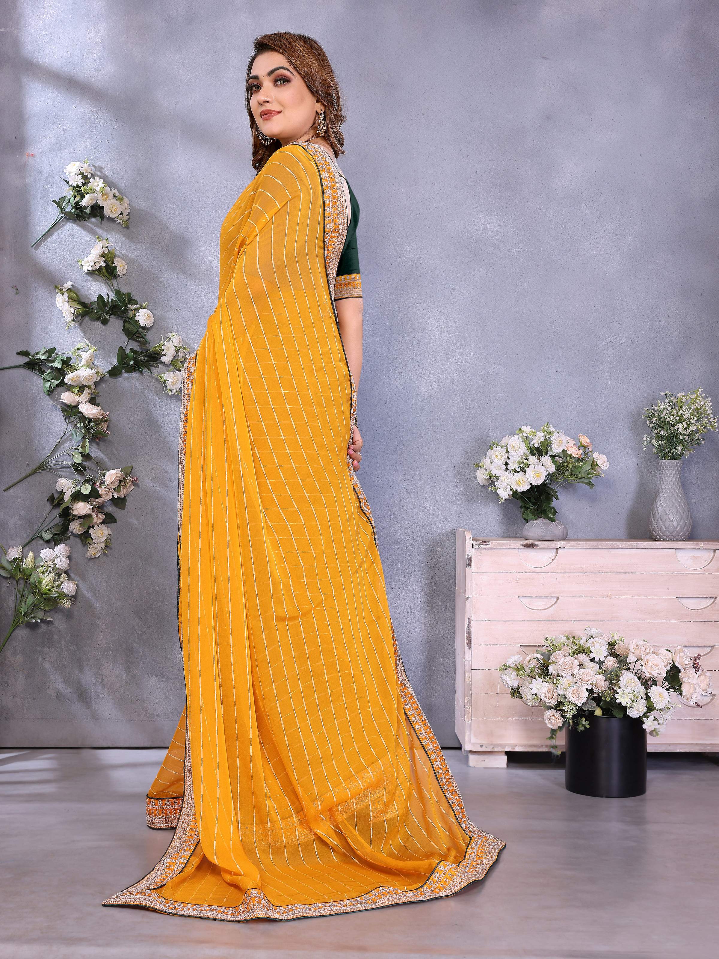 Vedant Vastram Georgette Embroidered & Sequin work Bollywood Fancy Saree - Mustard - Dista