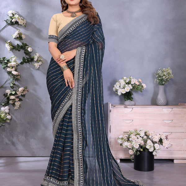 Vedant Vastram Georgette Embroidered & Sequin work Bollywood Fancy Saree - Navy Blue - Dista