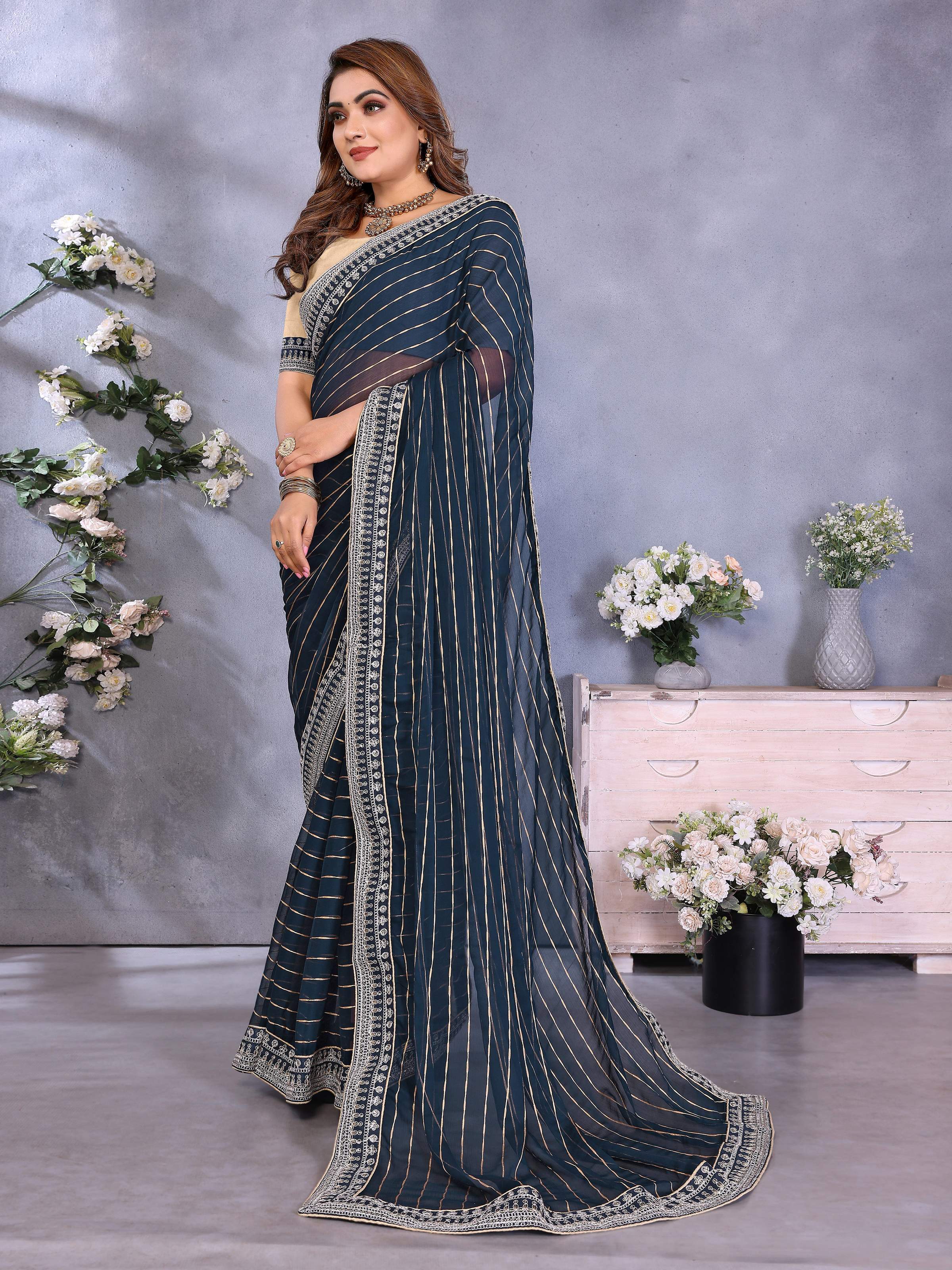 Vedant Vastram Georgette Embroidered & Sequin work Bollywood Fancy Saree - Navy Blue - Dista