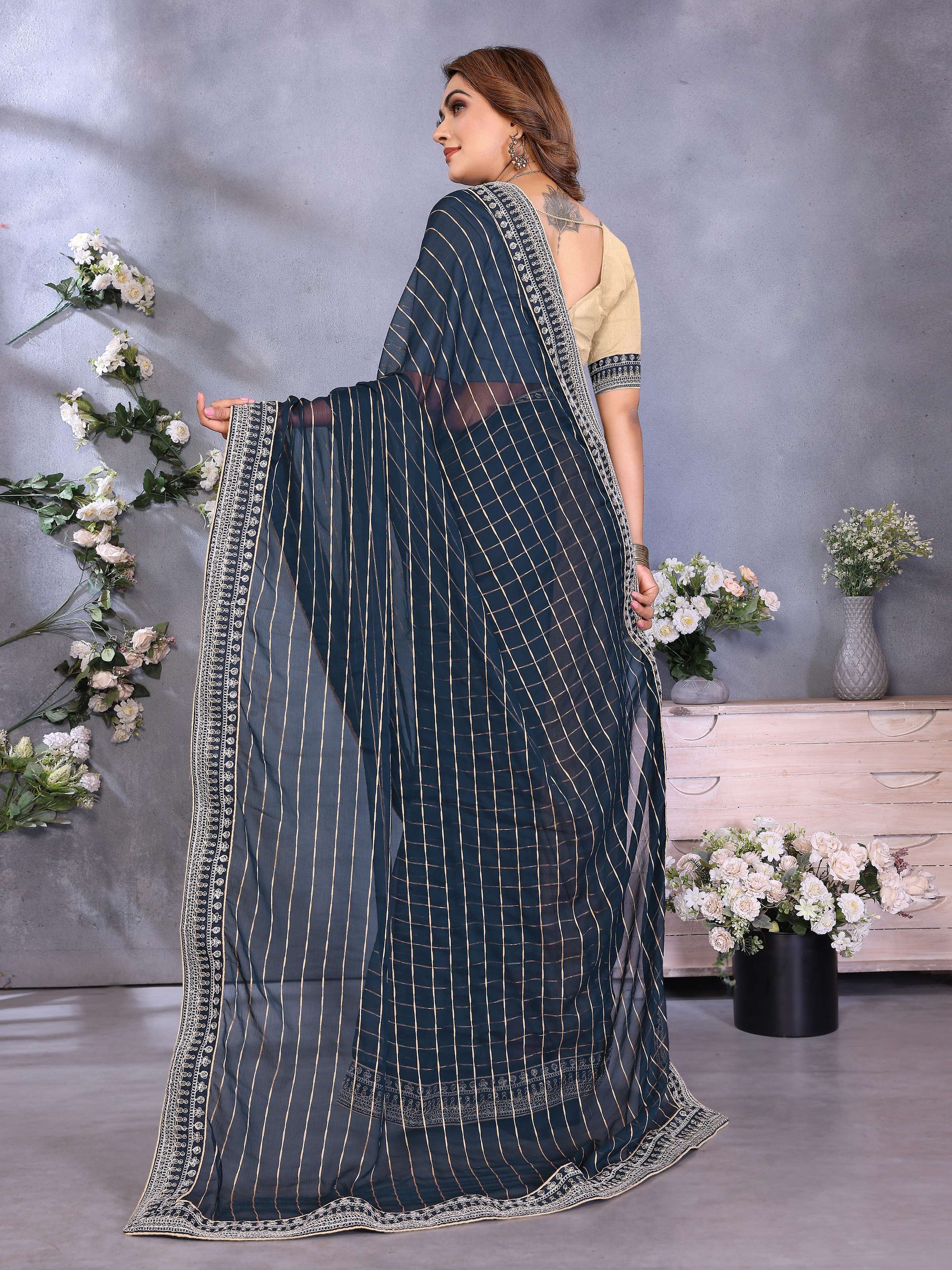 Vedant Vastram Georgette Embroidered & Sequin work Bollywood Fancy Saree - Navy Blue - Dista