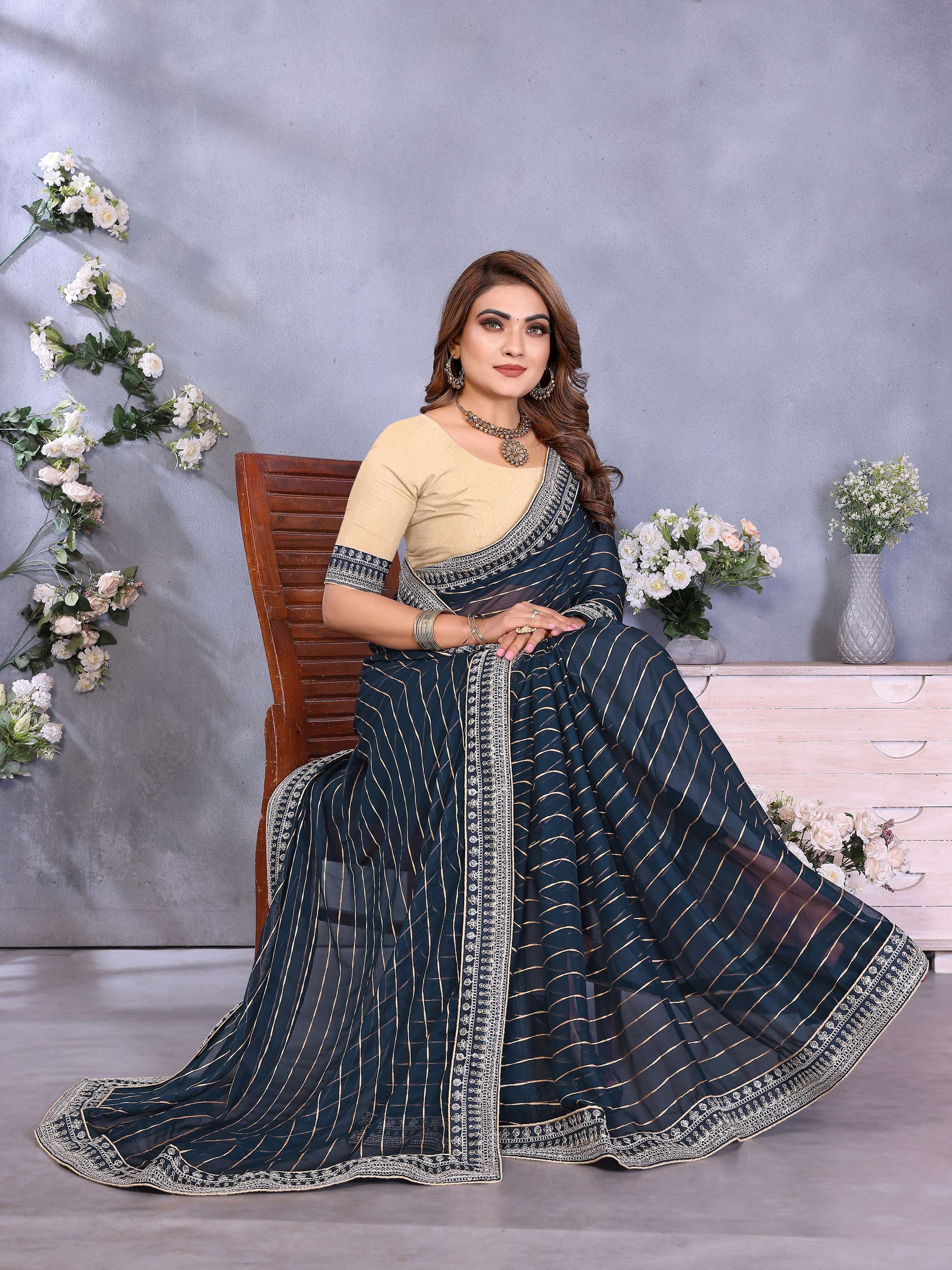 Vedant Vastram Georgette Embroidered & Sequin work Bollywood Fancy Saree - Navy Blue - Dista