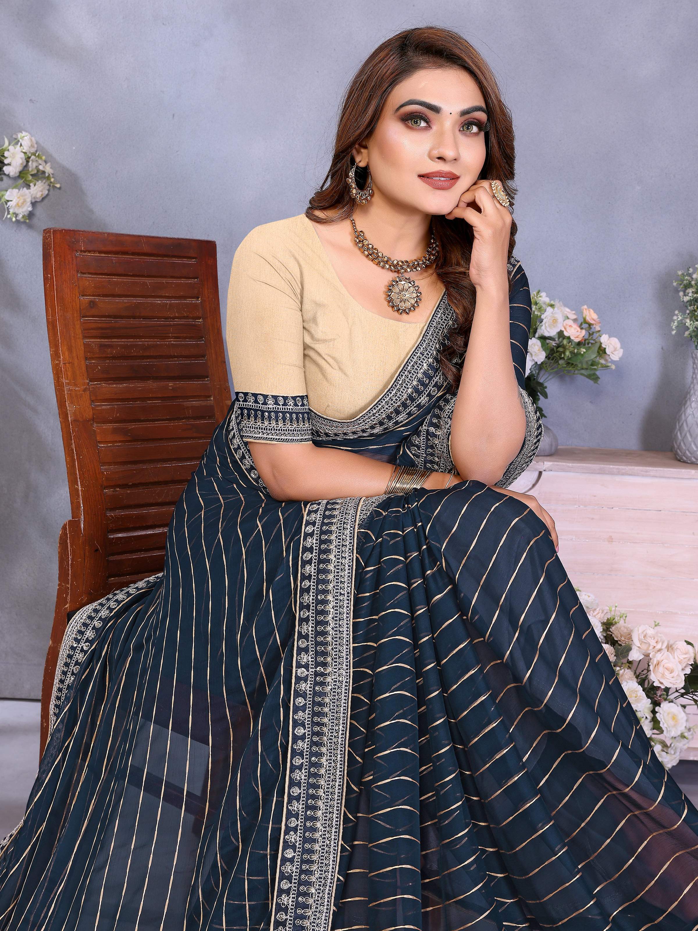 Vedant Vastram Georgette Embroidered & Sequin work Bollywood Fancy Saree - Navy Blue - Dista