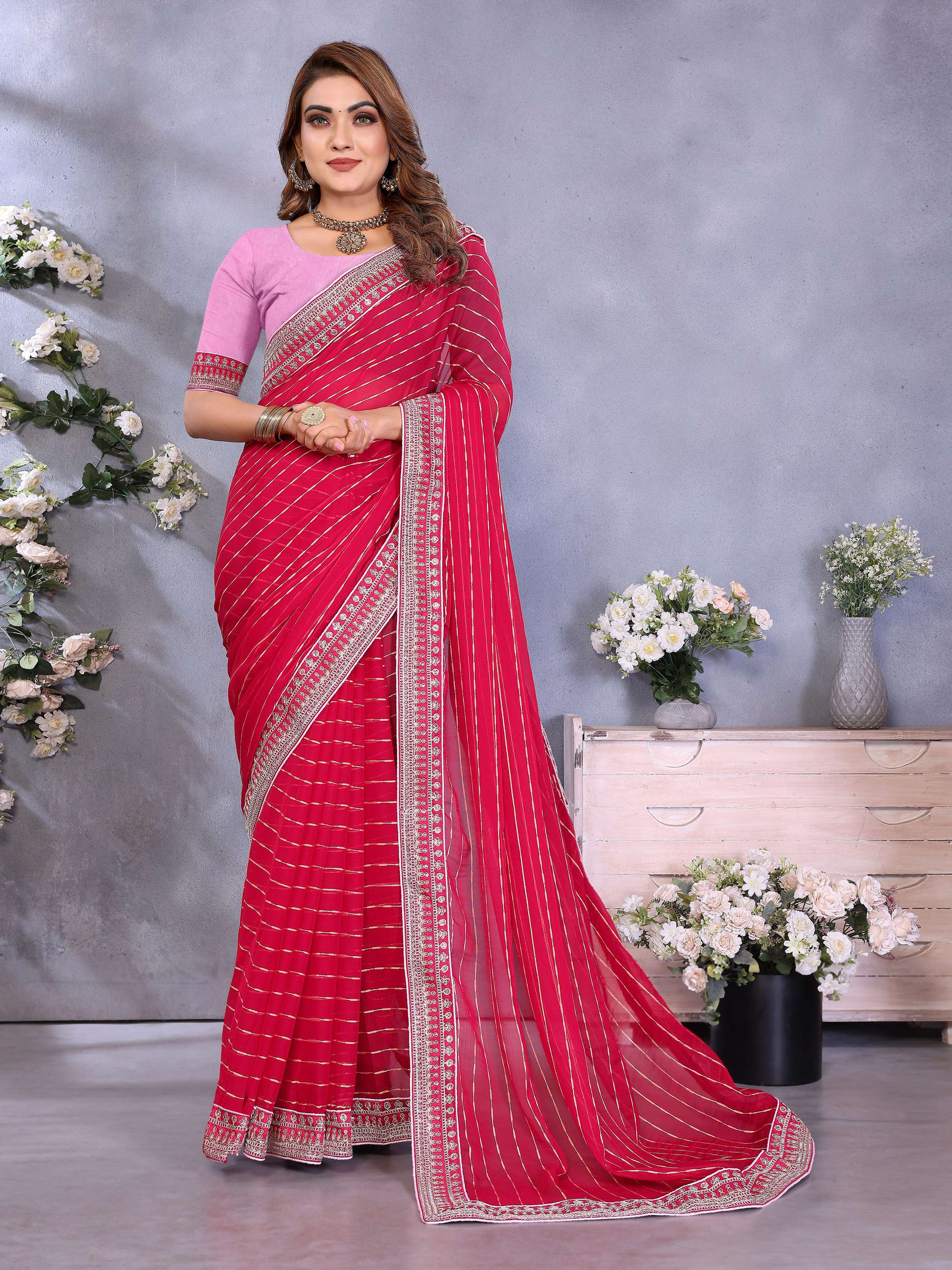 Vedant Vastram Georgette Embroidered & Sequin work Bollywood Fancy Saree - Pink - Dista