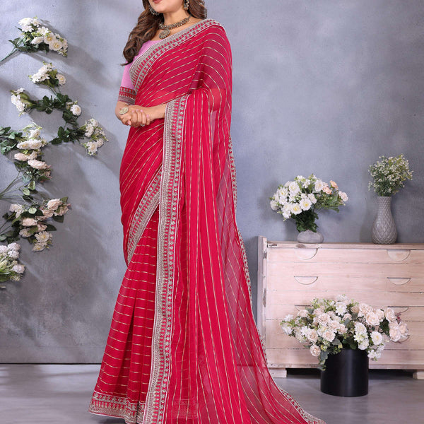 Vedant Vastram Georgette Embroidered & Sequin work Bollywood Fancy Saree - Pink - Dista