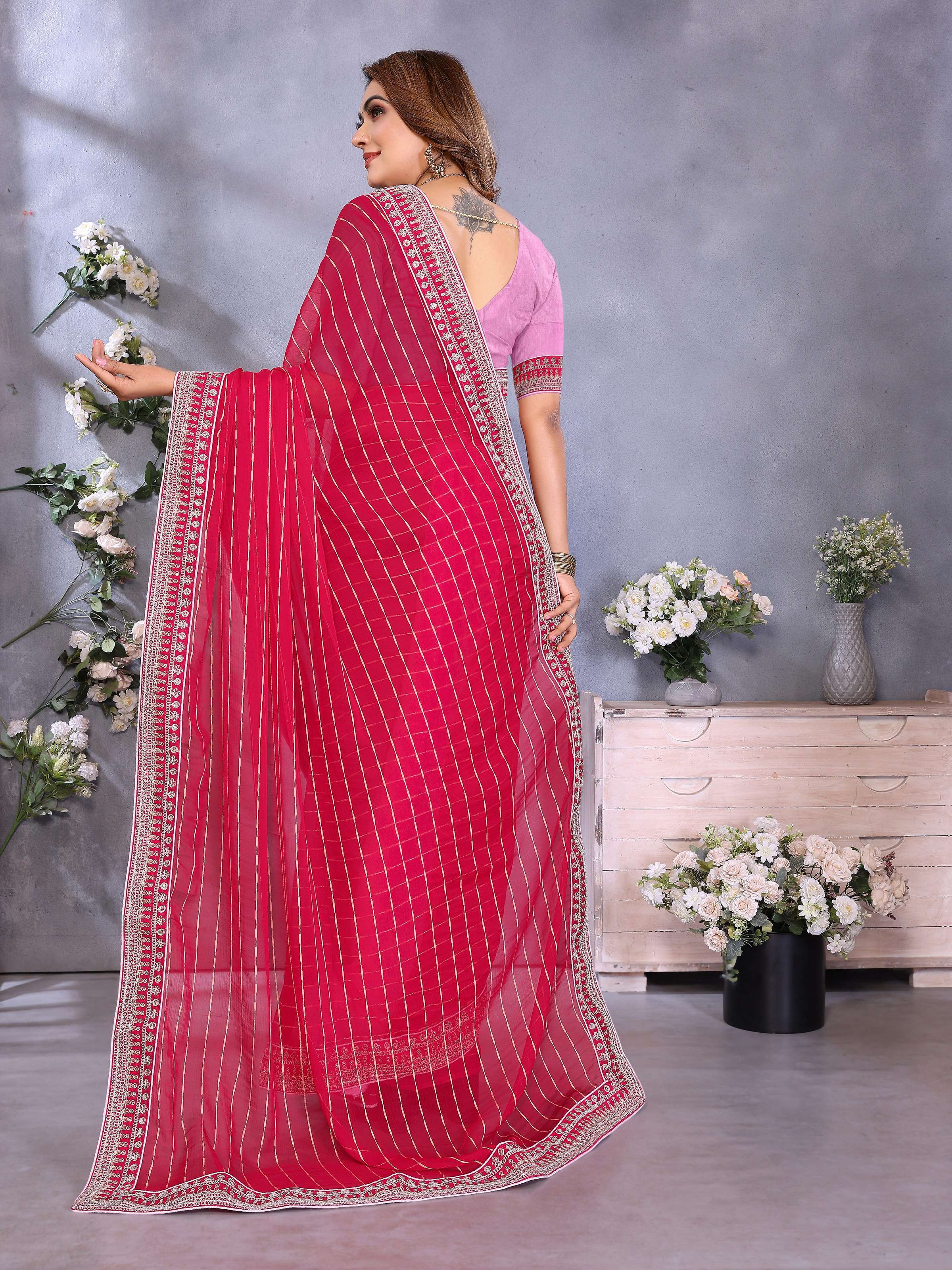 Vedant Vastram Georgette Embroidered & Sequin work Bollywood Fancy Saree - Pink - Dista