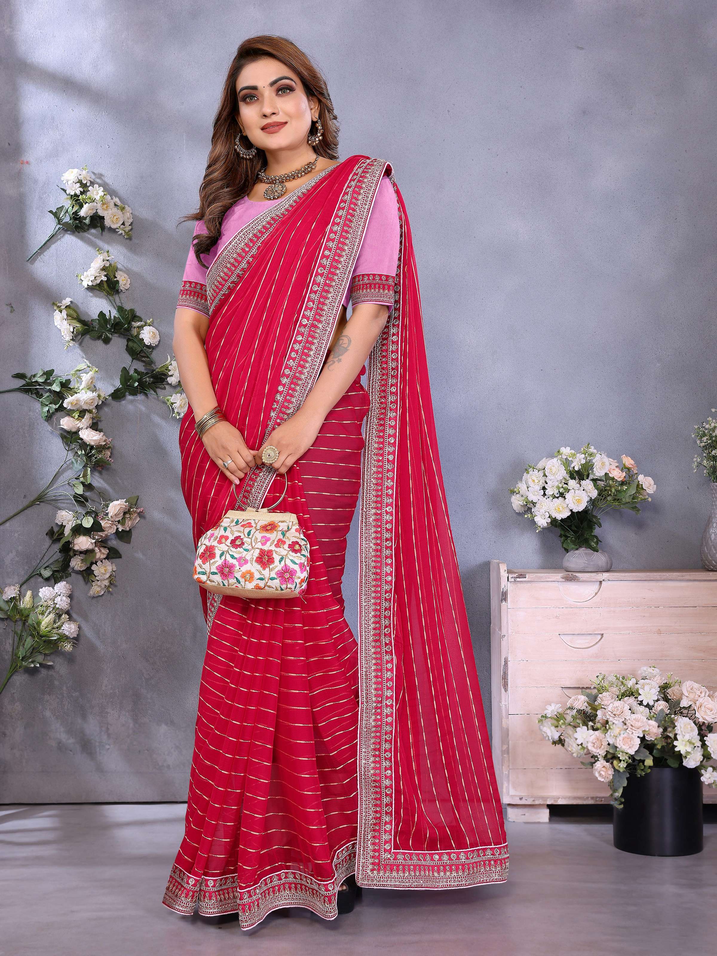 Vedant Vastram Georgette Embroidered & Sequin work Bollywood Fancy Saree - Pink - Dista