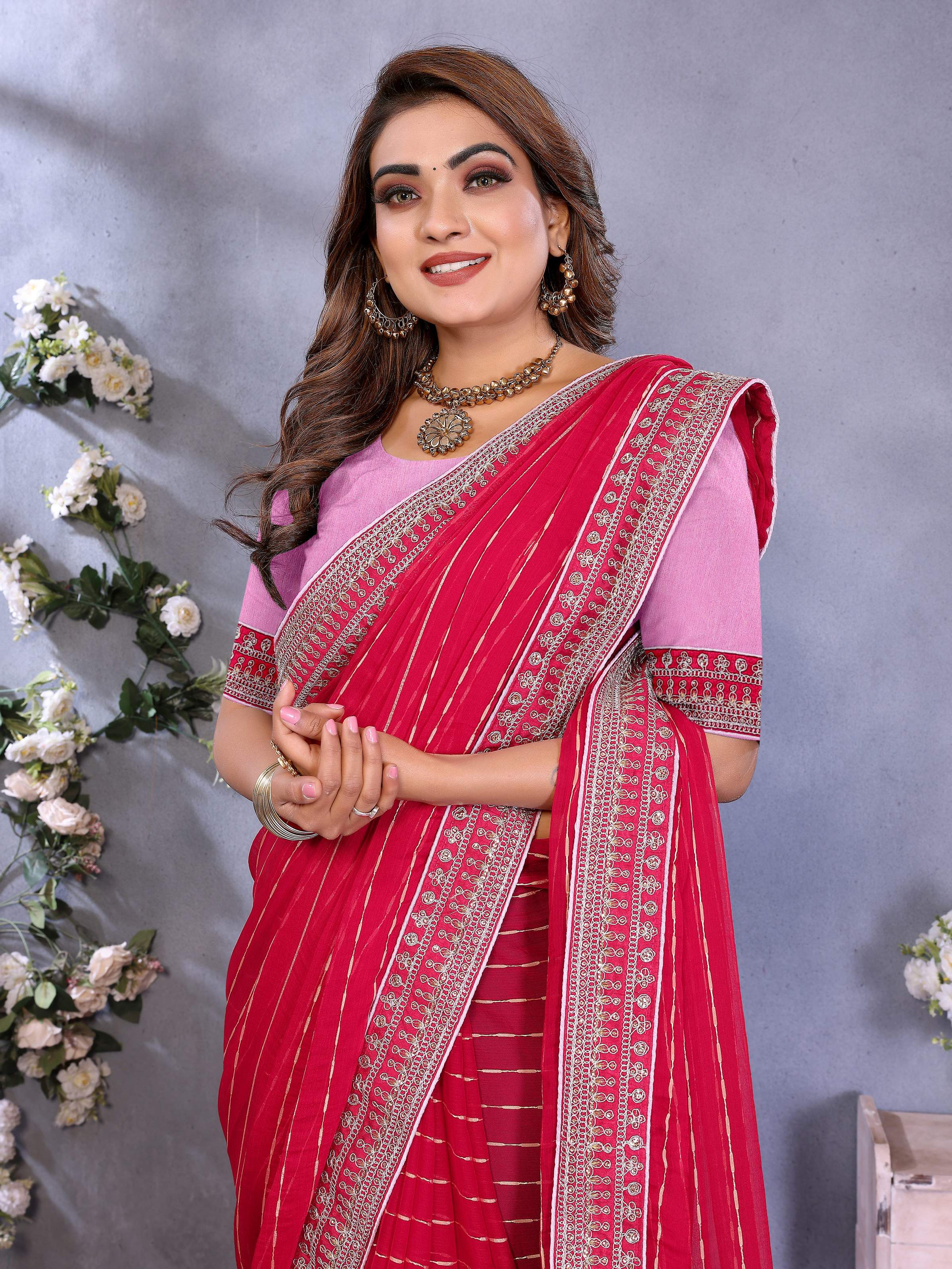 Vedant Vastram Georgette Embroidered & Sequin work Bollywood Fancy Saree - Pink - Dista