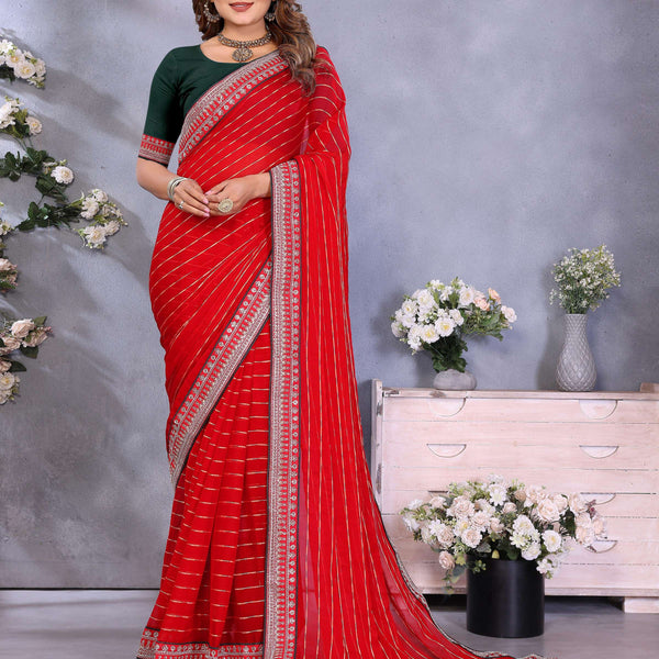 Vedant Vastram Georgette Embroidered & Sequin work Bollywood Fancy Saree - Red - Dista