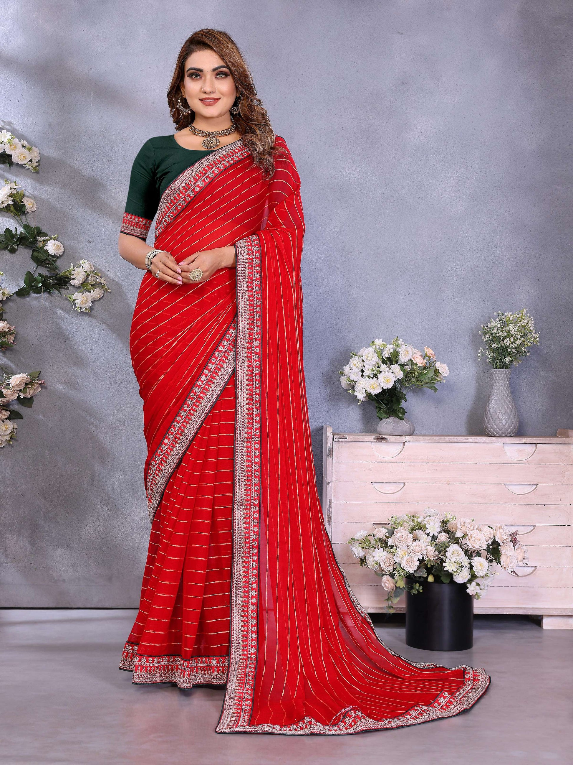 Vedant Vastram Georgette Embroidered & Sequin work Bollywood Fancy Saree - Red - Dista