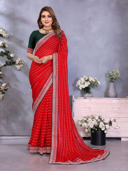 Vedant Vastram Georgette Embroidered & Sequin work Bollywood Fancy Saree - Red - Dista