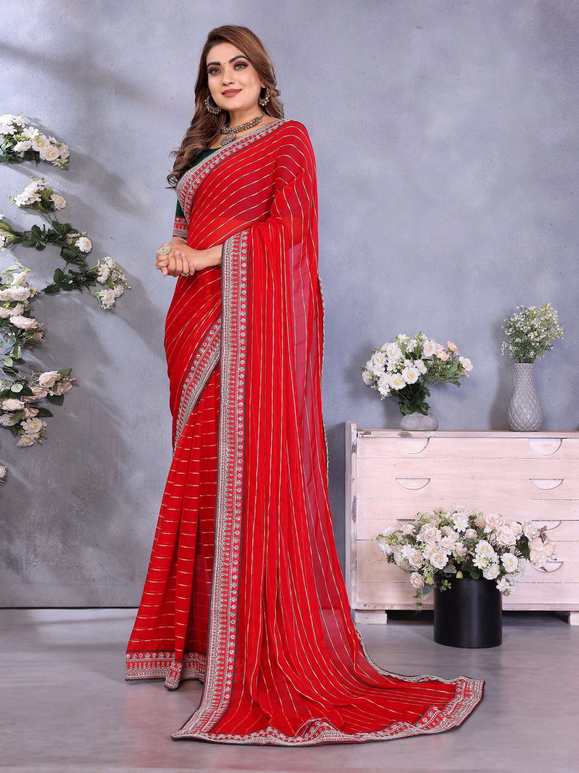Vedant Vastram Georgette Embroidered & Sequin work Bollywood Fancy Saree - Red - Dista