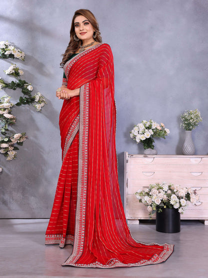 Vedant Vastram Georgette Embroidered & Sequin work Bollywood Fancy Saree - Red - Dista