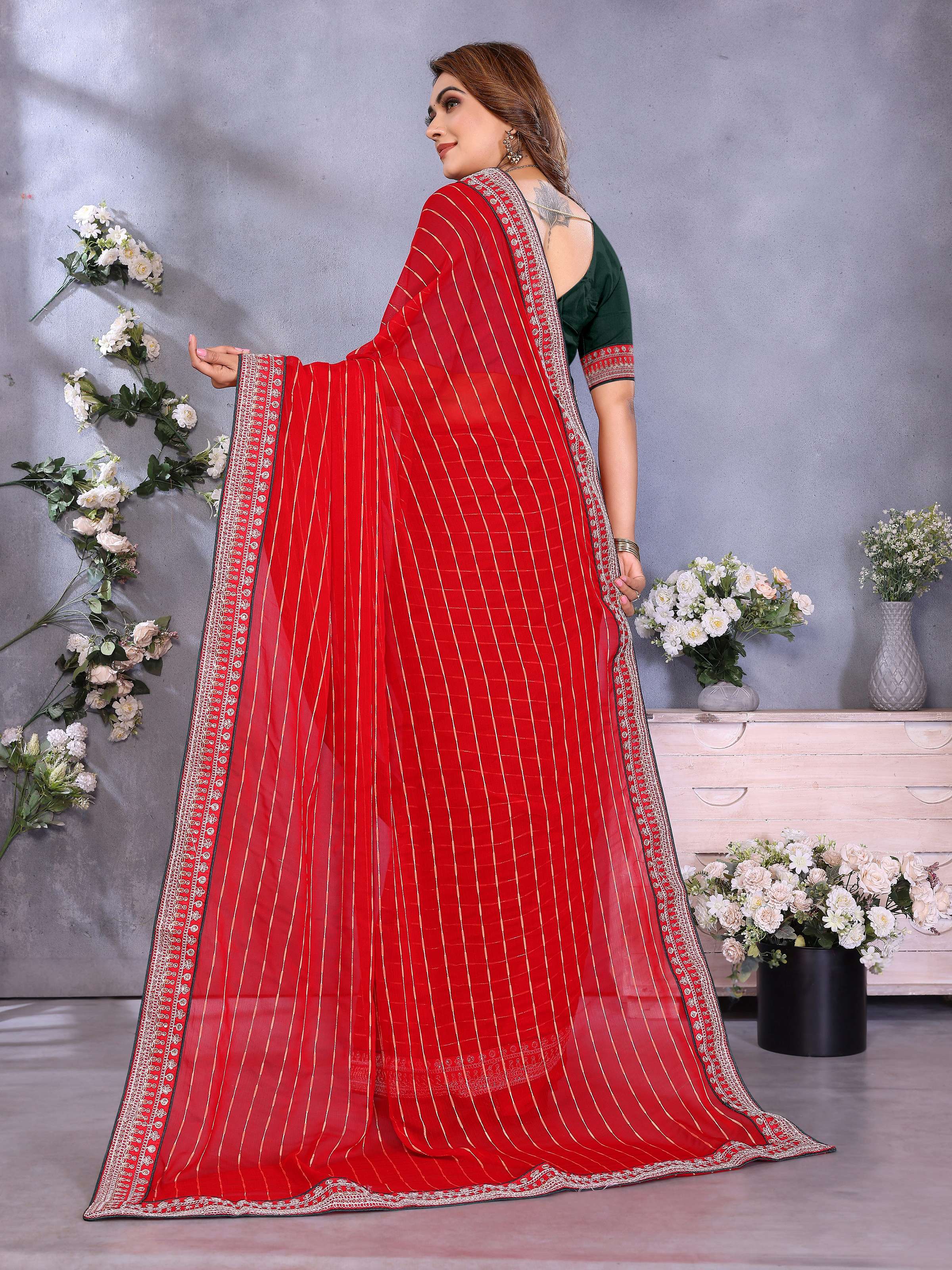 Vedant Vastram Georgette Embroidered & Sequin work Bollywood Fancy Saree - Red - Dista