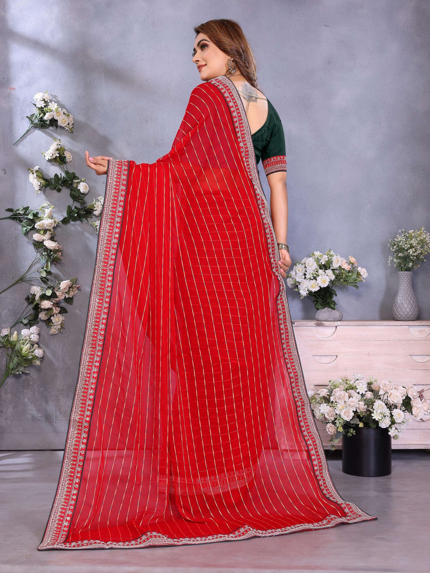 Vedant Vastram Georgette Embroidered & Sequin work Bollywood Fancy Saree - Red - Dista