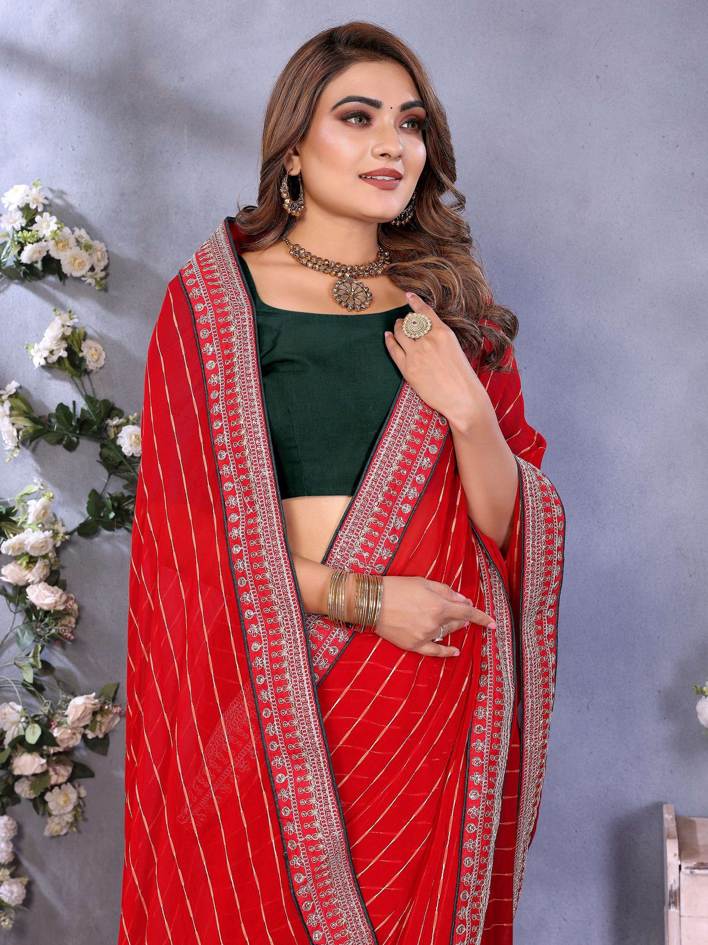 Vedant Vastram Georgette Embroidered & Sequin work Bollywood Fancy Saree - Red - Dista