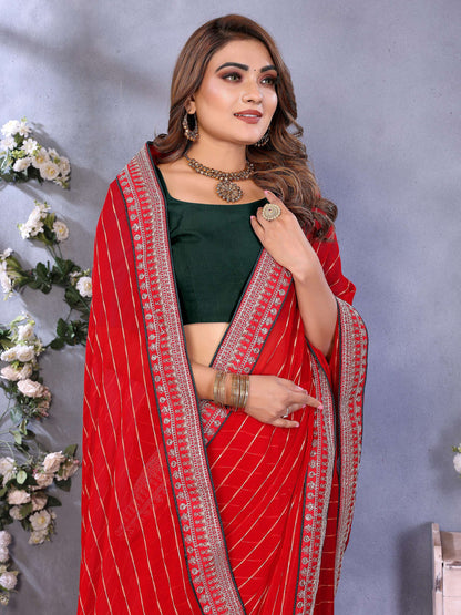 Vedant Vastram Georgette Embroidered & Sequin work Bollywood Fancy Saree - Red - Dista