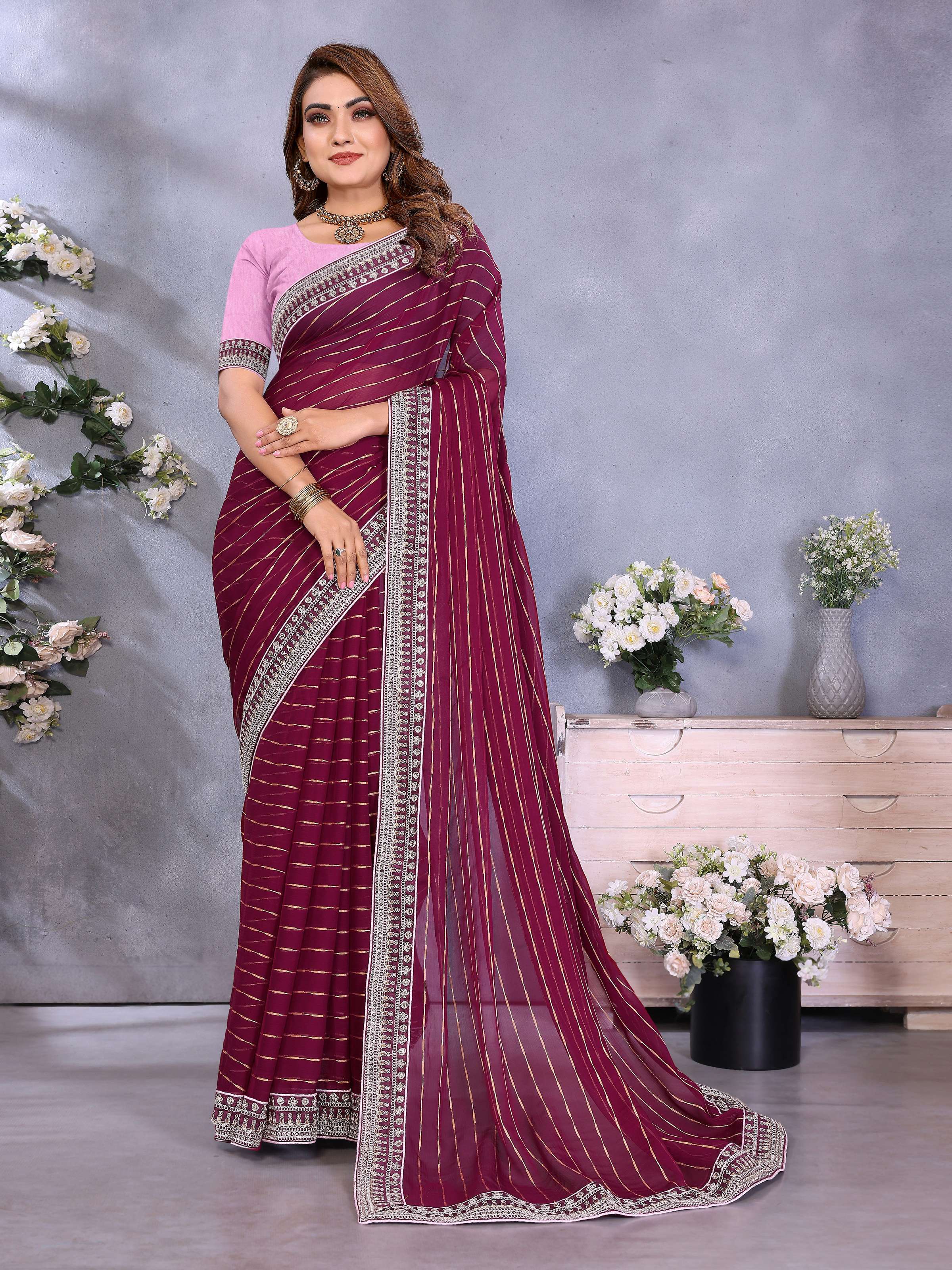 Vedant Vastram Georgette Embroidered & Sequin work Bollywood Fancy Saree - Wine - Dista