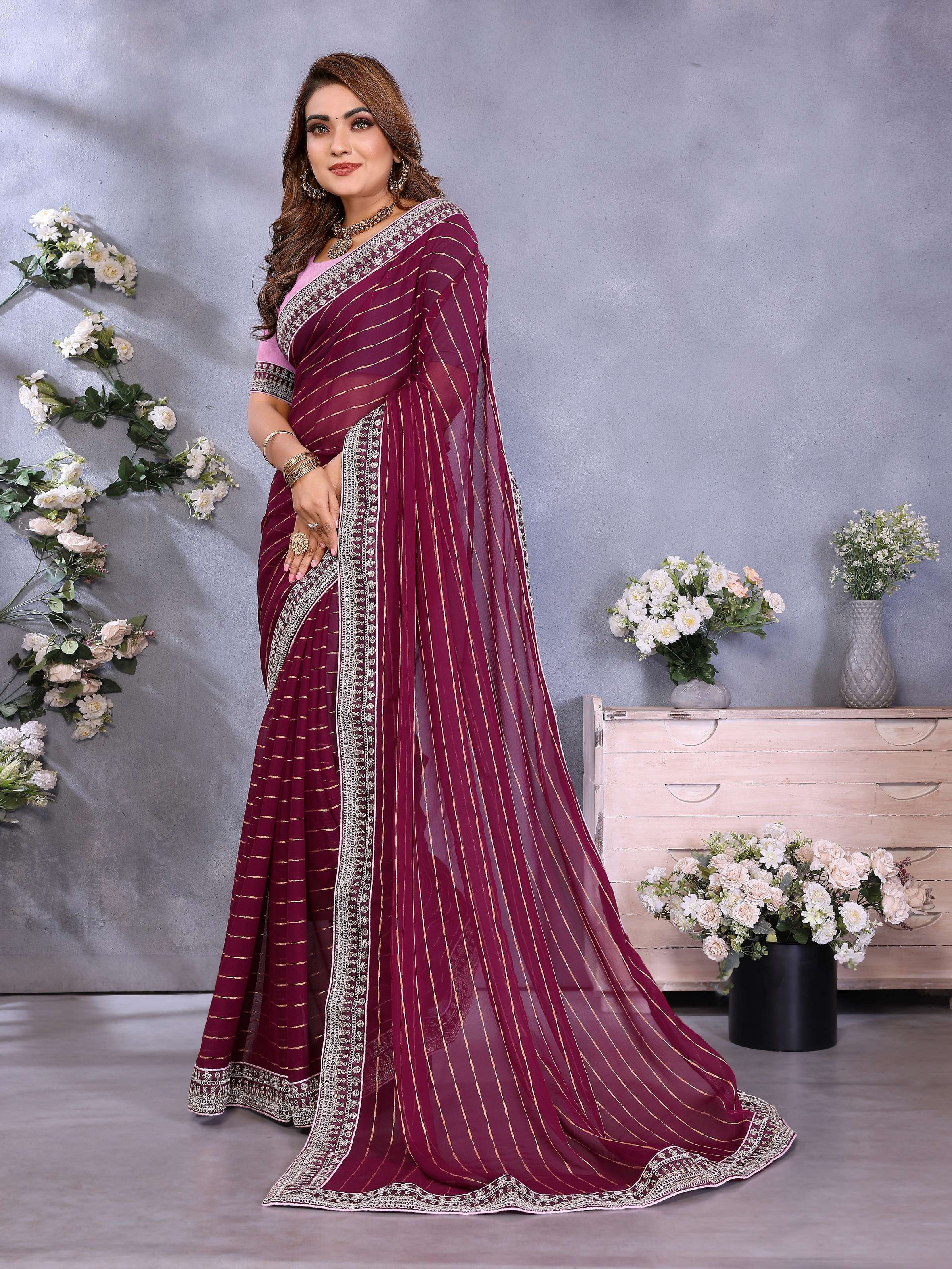 Vedant Vastram Georgette Embroidered & Sequin work Bollywood Fancy Saree - Wine - Dista