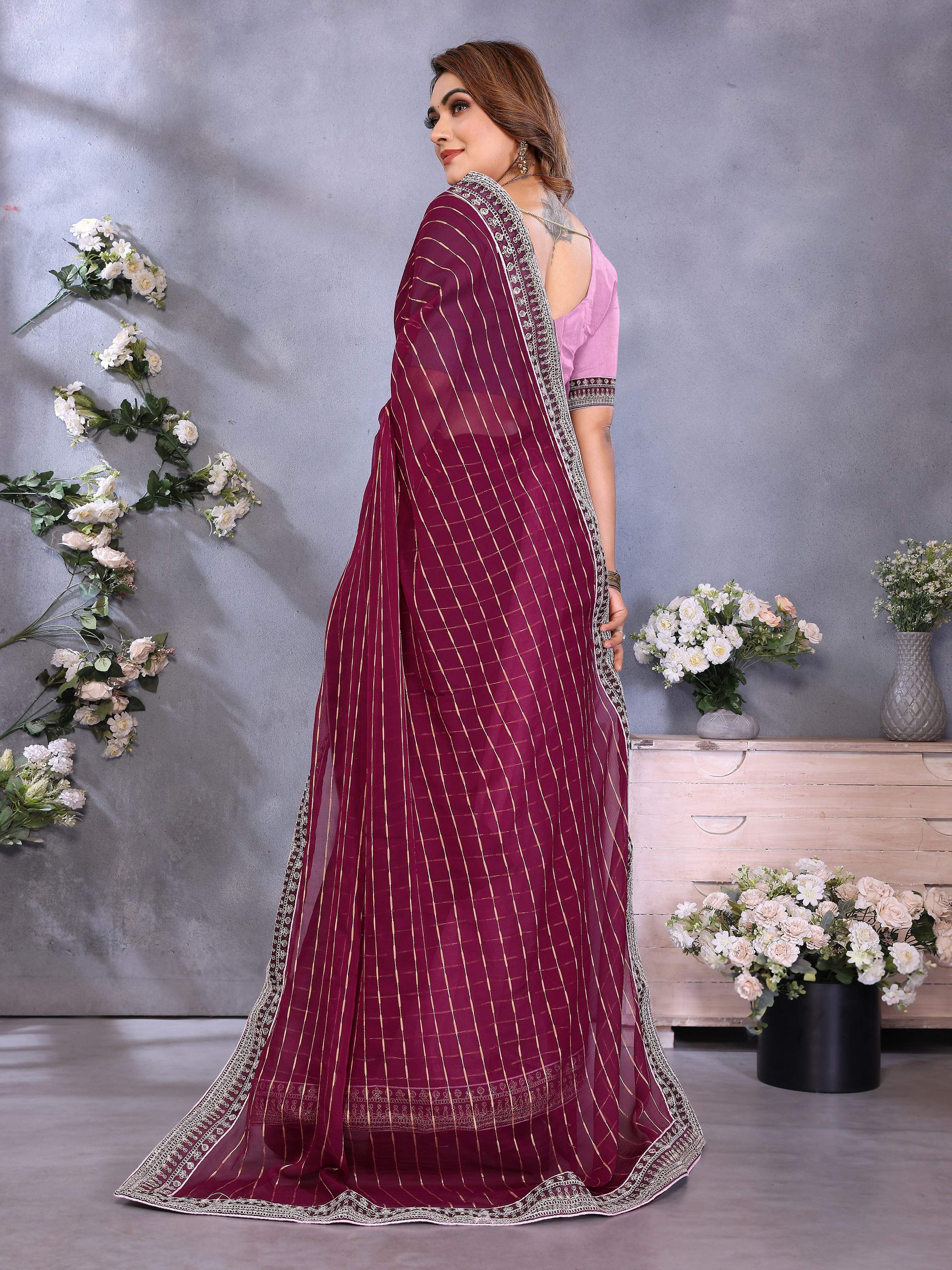 Vedant Vastram Georgette Embroidered & Sequin work Bollywood Fancy Saree - Wine - Dista