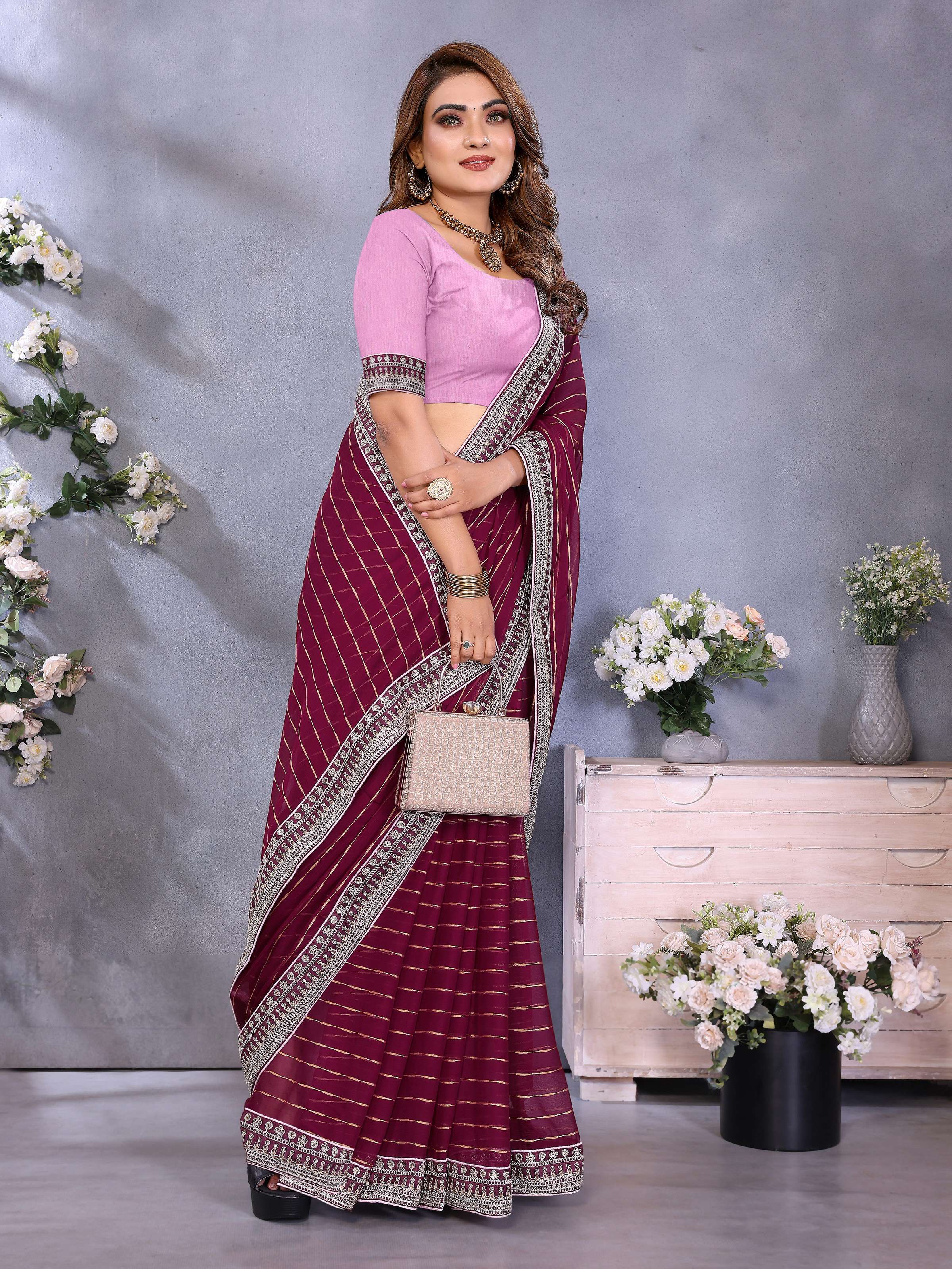 Vedant Vastram Georgette Embroidered & Sequin work Bollywood Fancy Saree - Wine - Dista