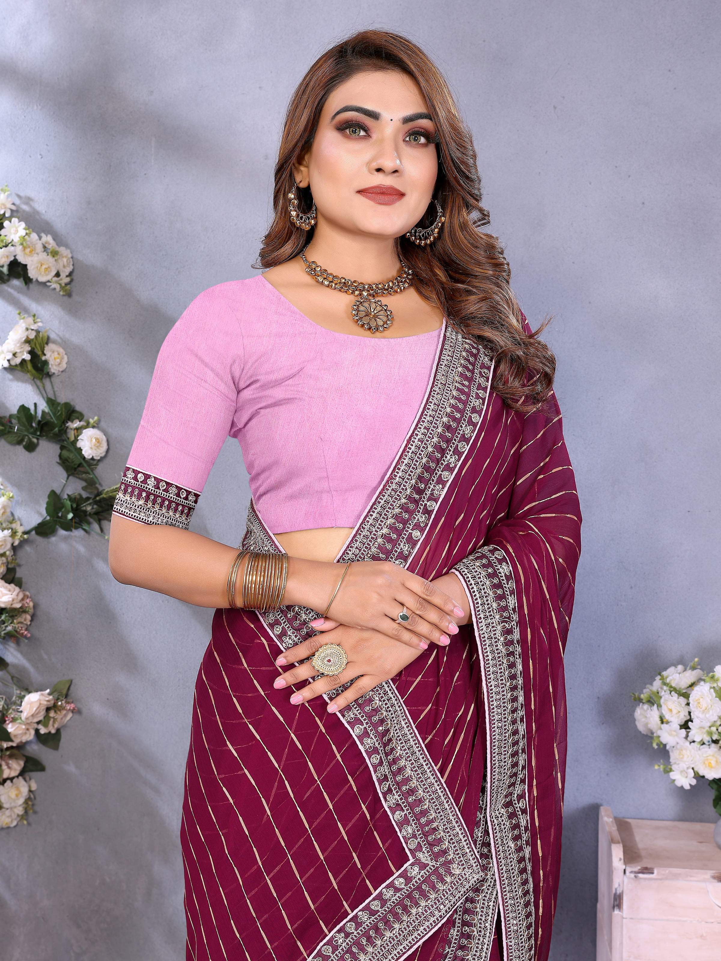 Vedant Vastram Georgette Embroidered & Sequin work Bollywood Fancy Saree - Wine - Dista