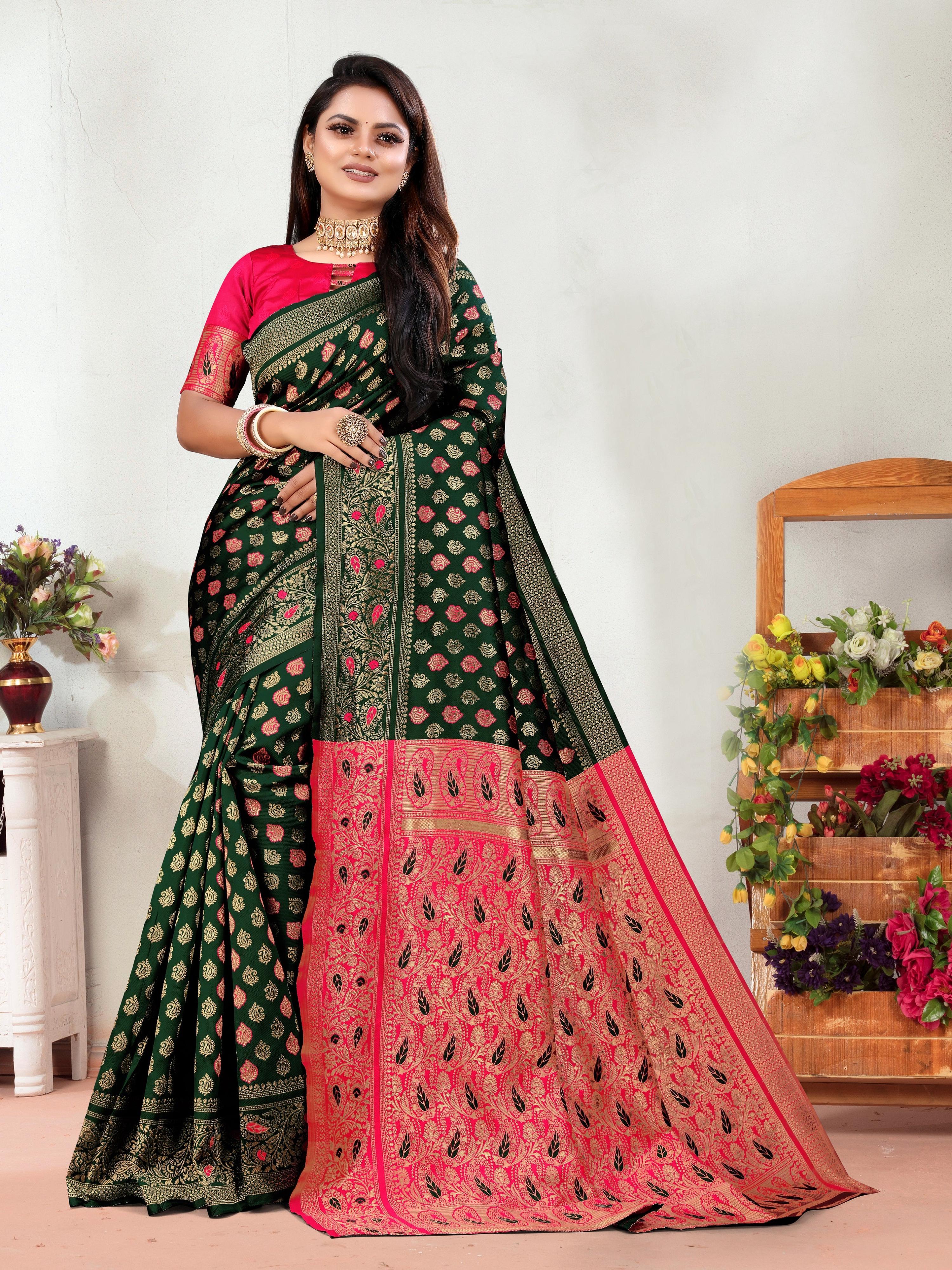 Vedant Vastram Litchi Silk Designer Banarasi Saree - Green - Distacart