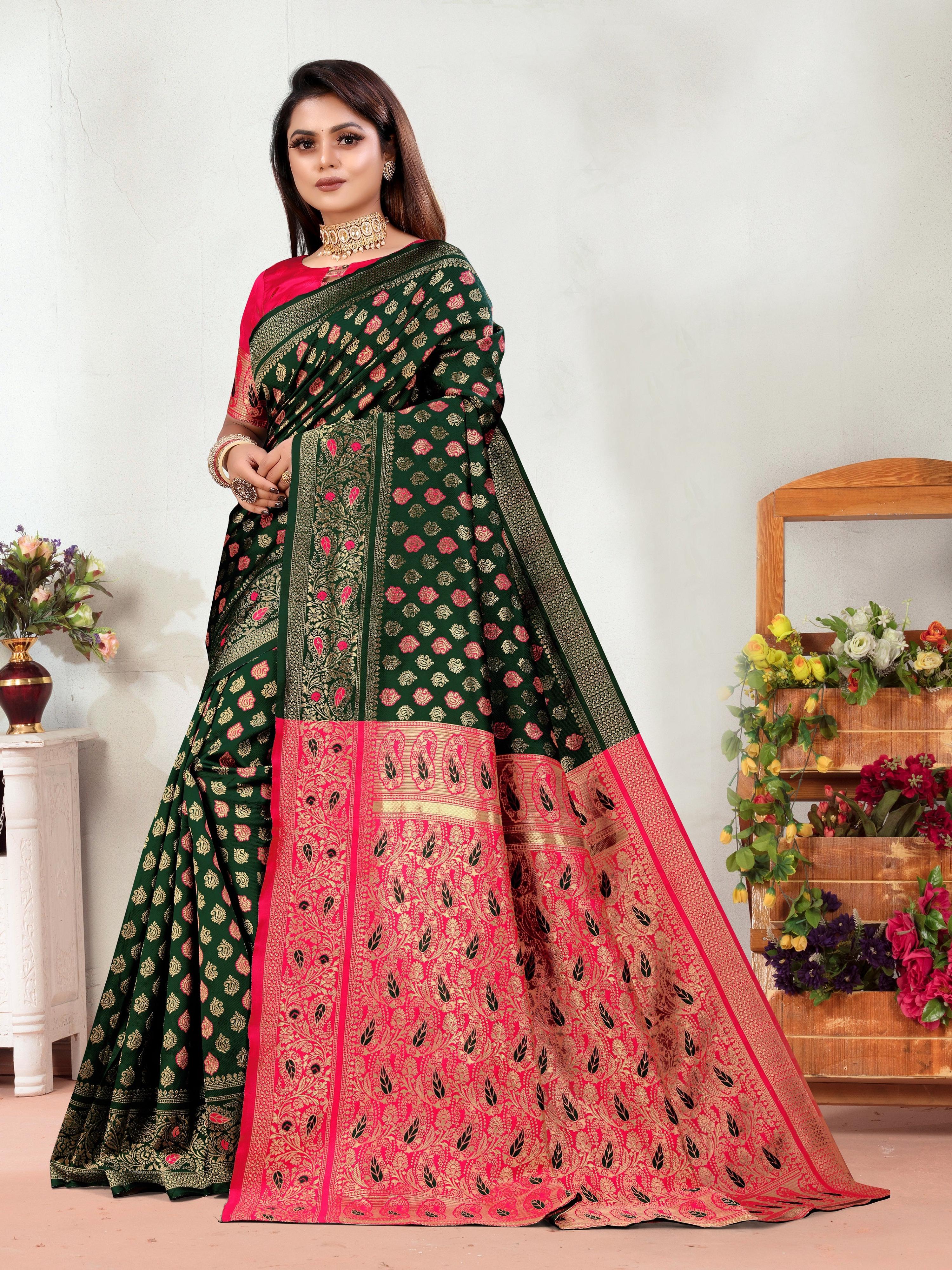 Vedant Vastram Litchi Silk Designer Banarasi Saree - Green - Distacart