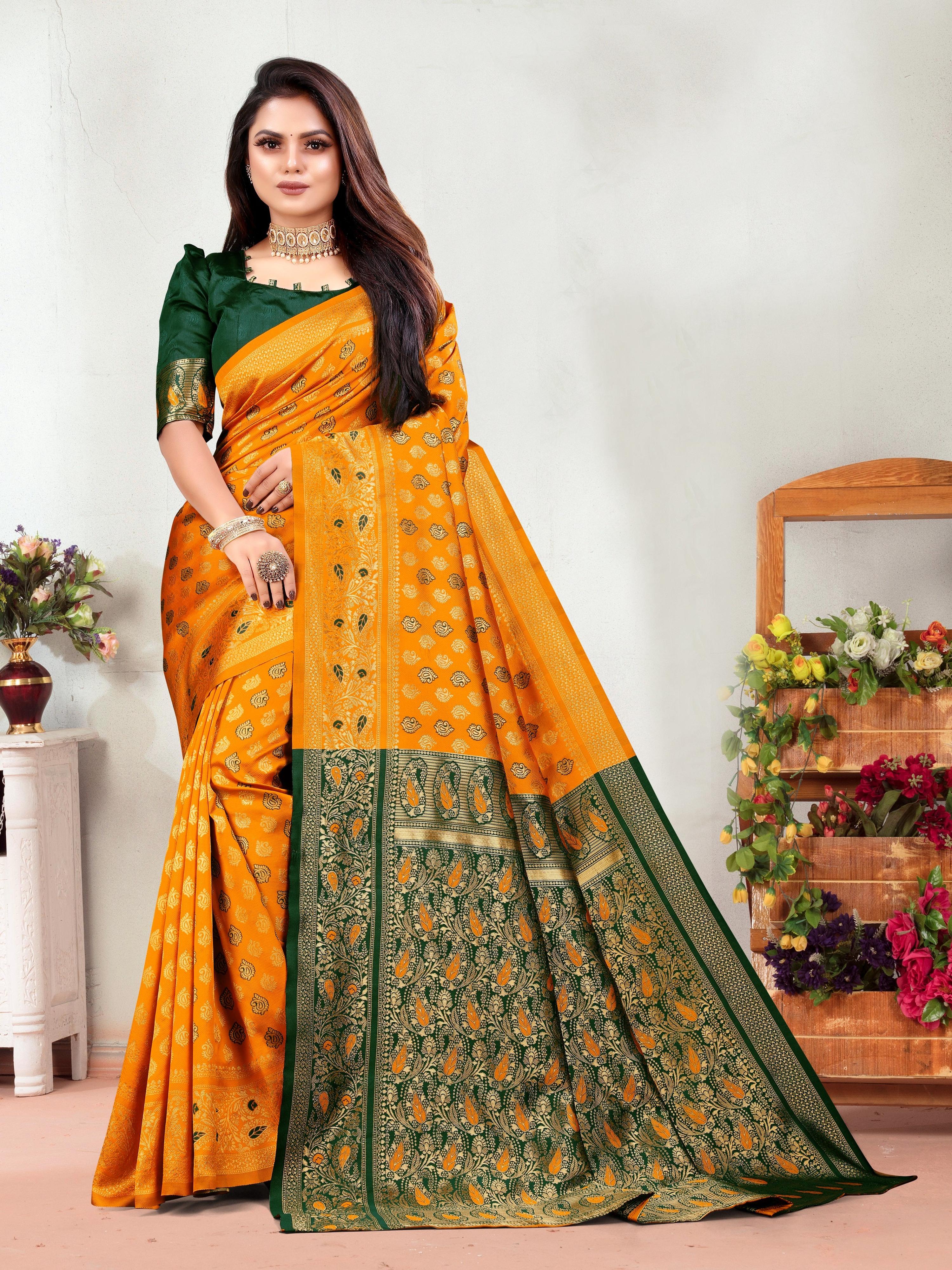 Vedant Vastram Litchi Silk Designer Banarasi Saree - Mustard - Distacart