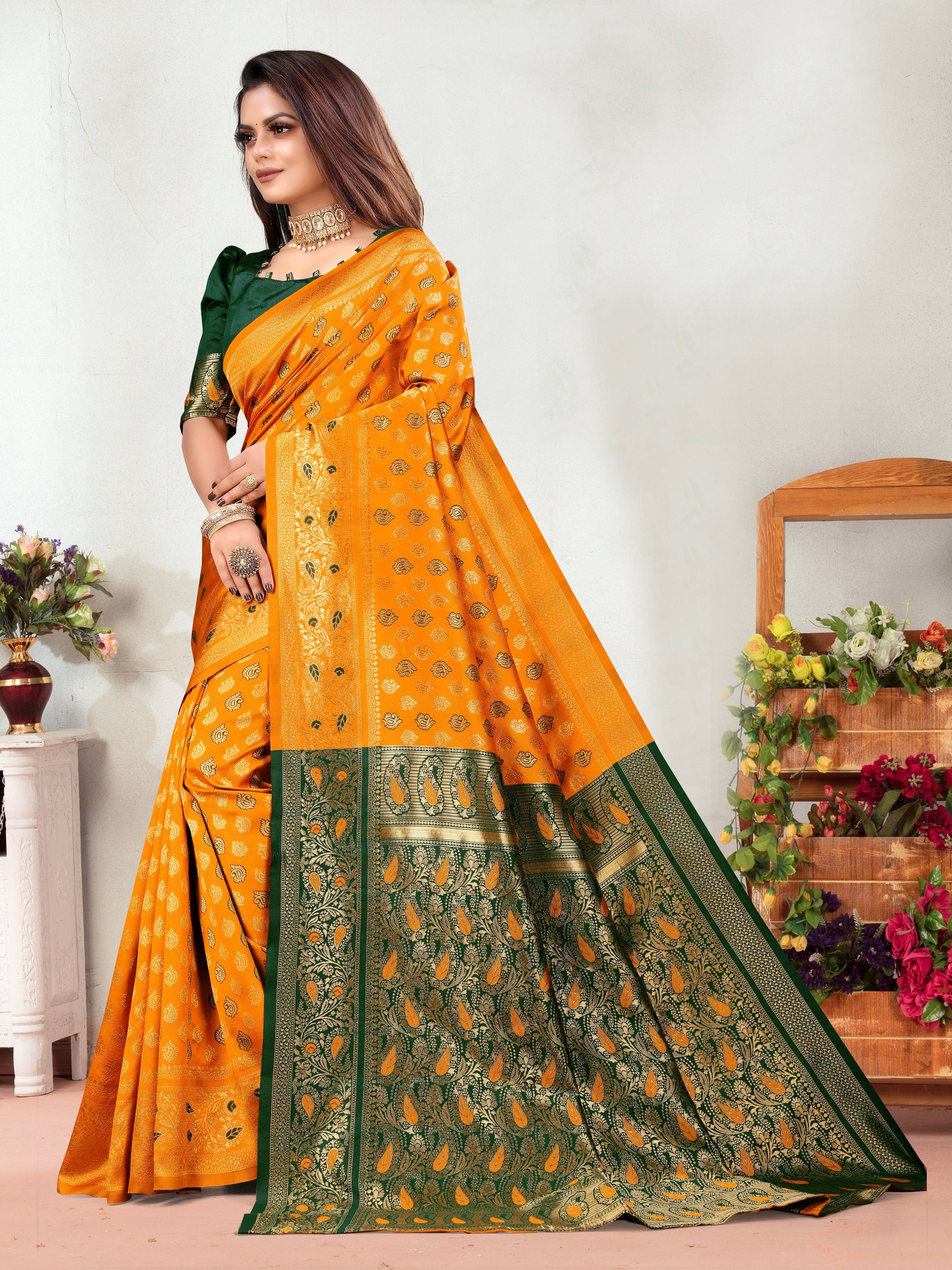 Vedant Vastram Litchi Silk Designer Banarasi Saree - Mustard - Distacart